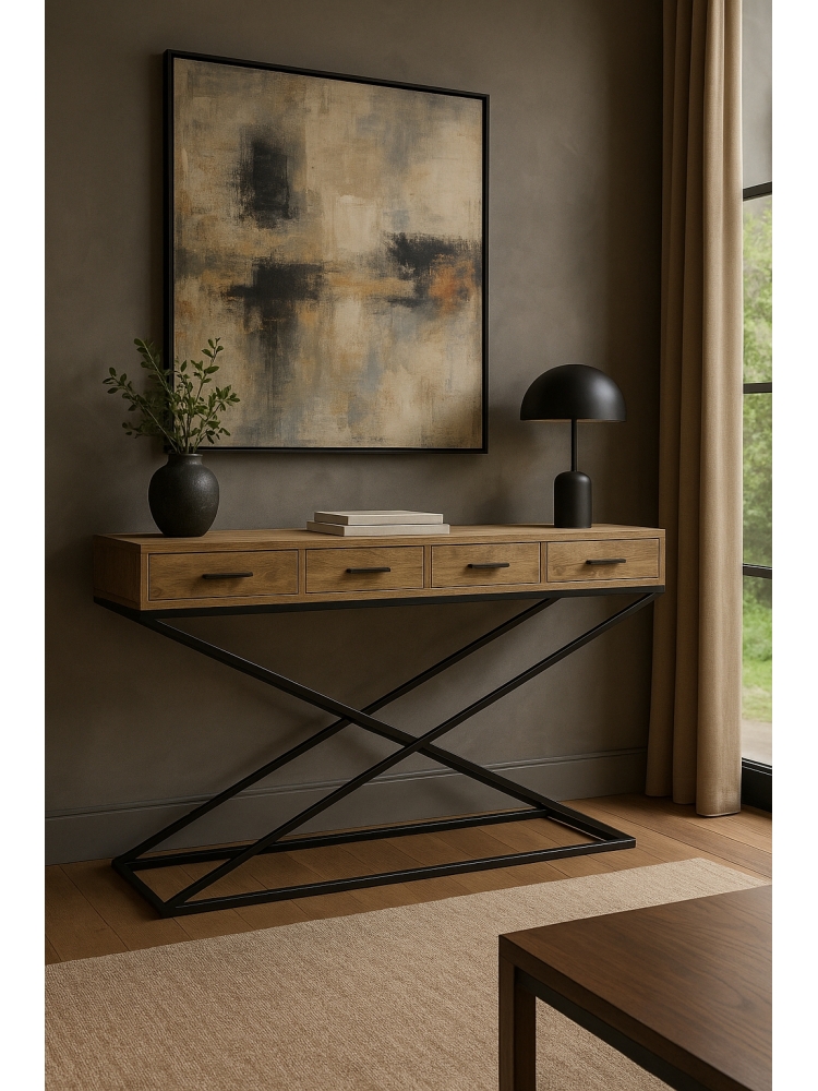 Console teck 4 tiroirs pieds X | L'Empreinte - Consoles