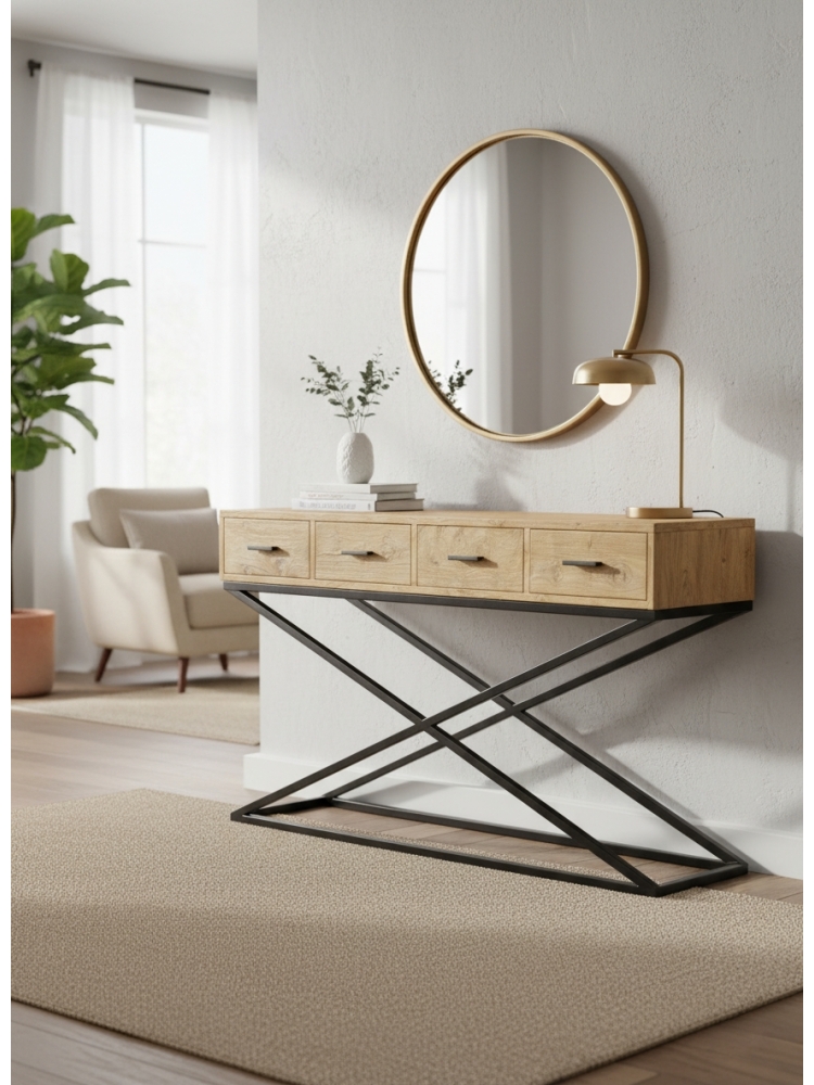 Console teck 4 tiroirs pieds X