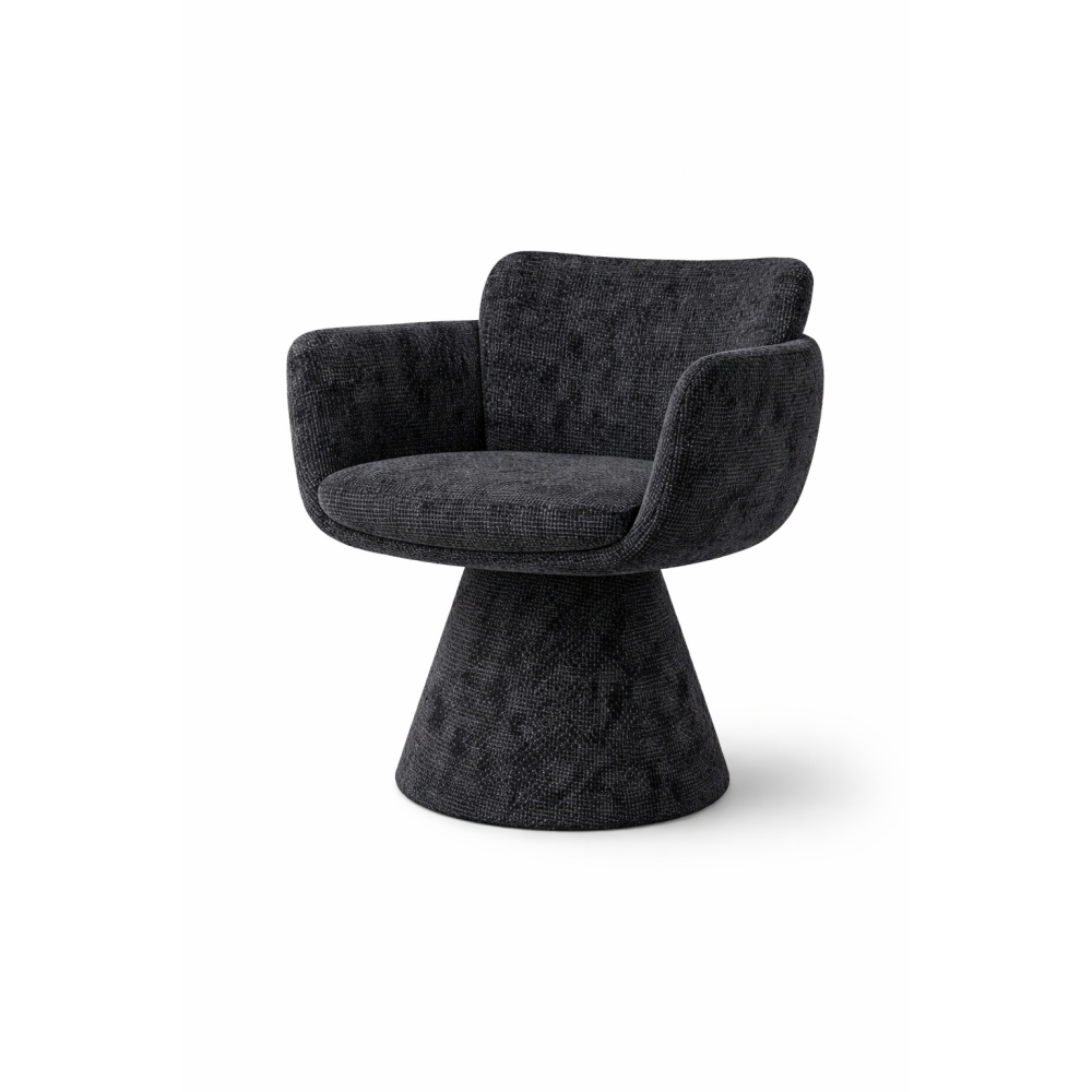 Fauteuil pivotant noir au design sculptural avec tissu texturé et assise enveloppante. Idéal pour salle à manger, bureau ou inté