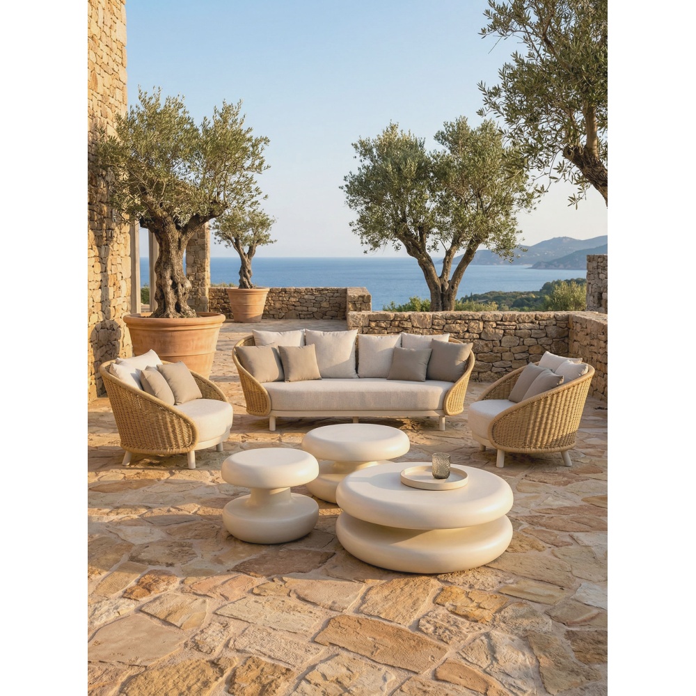 Salon de jardin design en aluminium et cordes naturelles - Ensemble extérieur élégant avec canapé et fauteuils