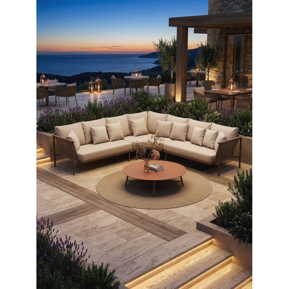 Salon de jardin design en aluminium et cordes naturelles - Ensemble extérieur élégant avec canapé et fauteuils