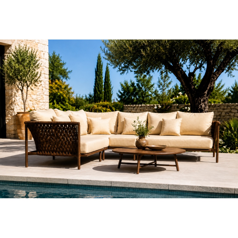 Salon de jardin design en aluminium et cordes naturelles - Ensemble extérieur élégant avec canapé et fauteuils